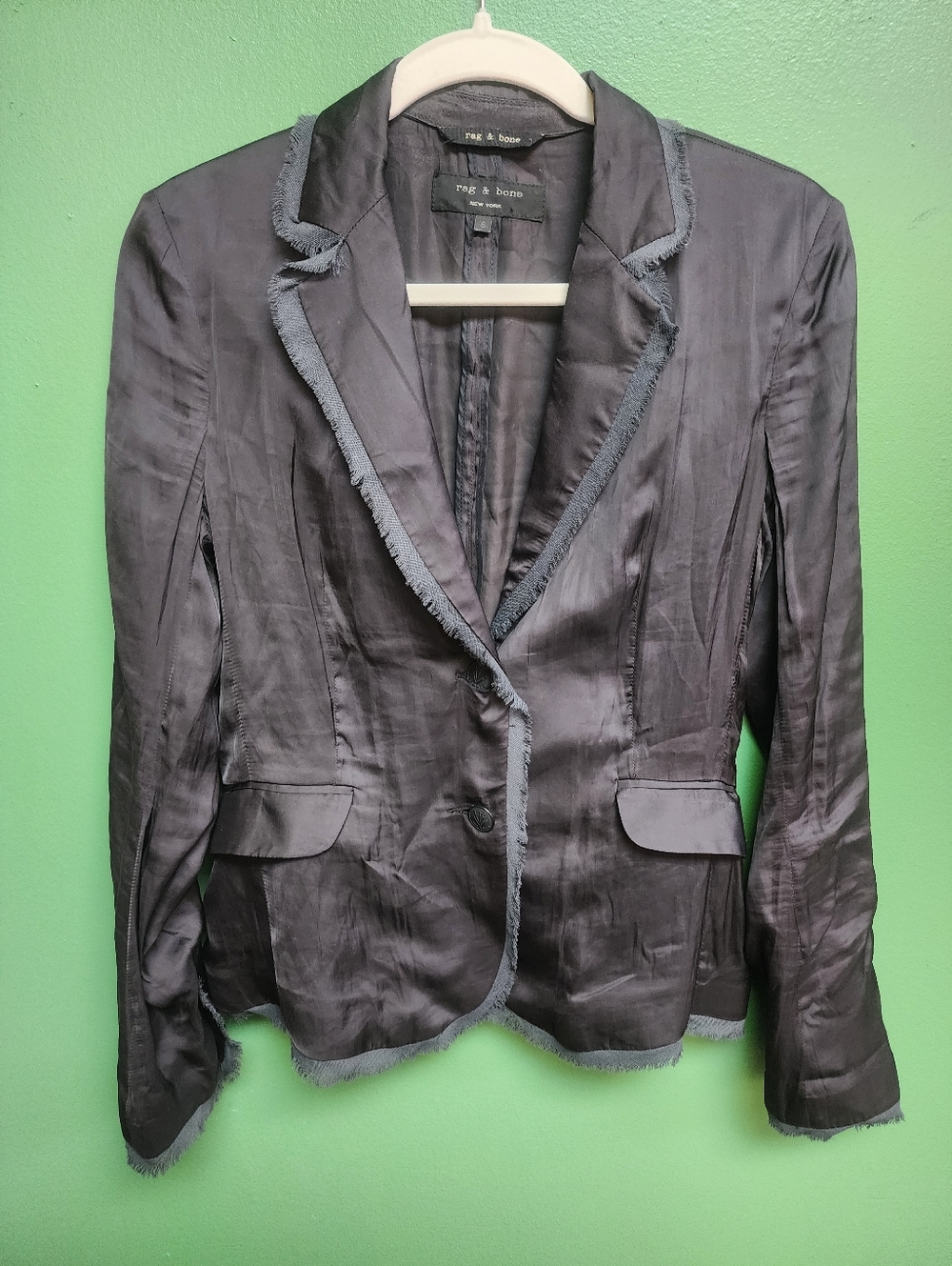 Rag & Bone Black Satin Blazer Frayed Trim Size 6 Chic Tailored Jacket